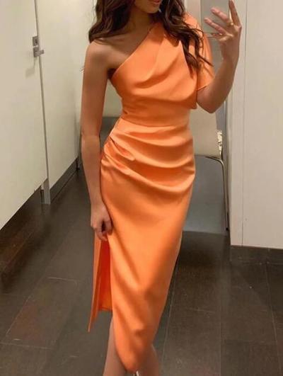 Sexy One Shoulder Ruched Slit Dress Prom Dresses