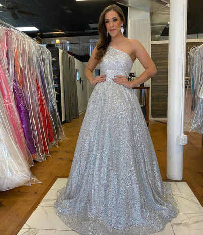 One Shoulder Long Sequins Silver Prom Dress,787