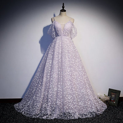 Princess Lilac Floral Prom Dress with Cold Sleeves,788