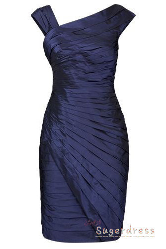 Sheath Oblique Collar Pleated Navy Blue Mother of the Bride Dress,790