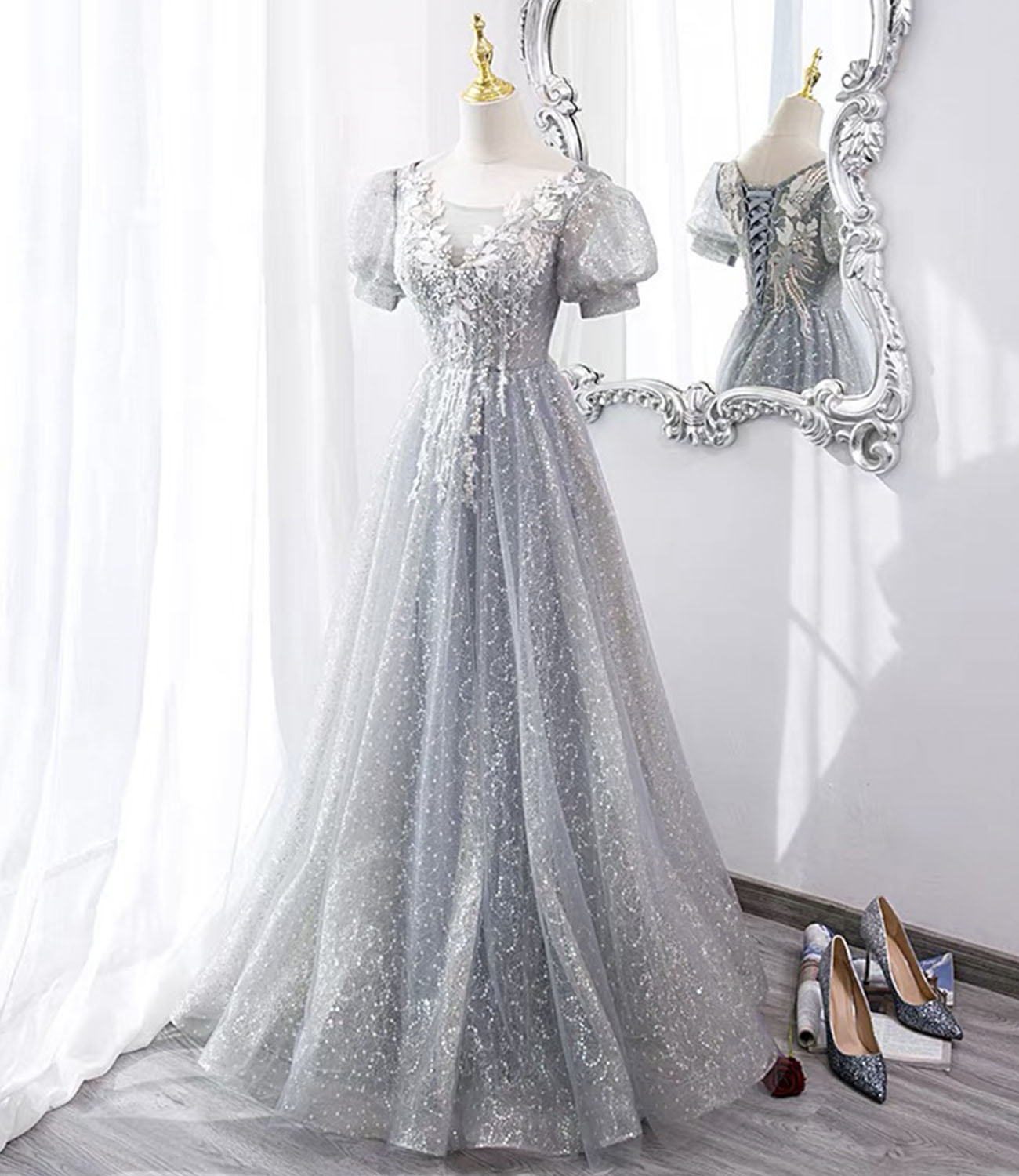 Gray tulle sequins long prom dress evening dress