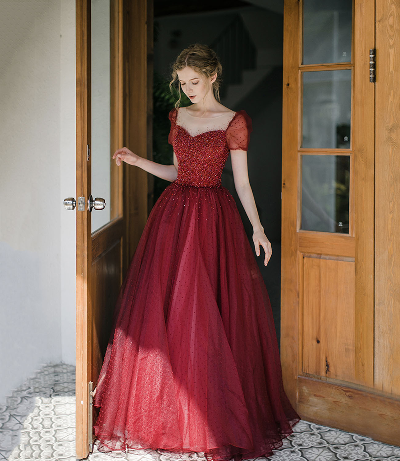 Burgundy Tulle Seqins Long Prom Dress A Line Evening Dress
