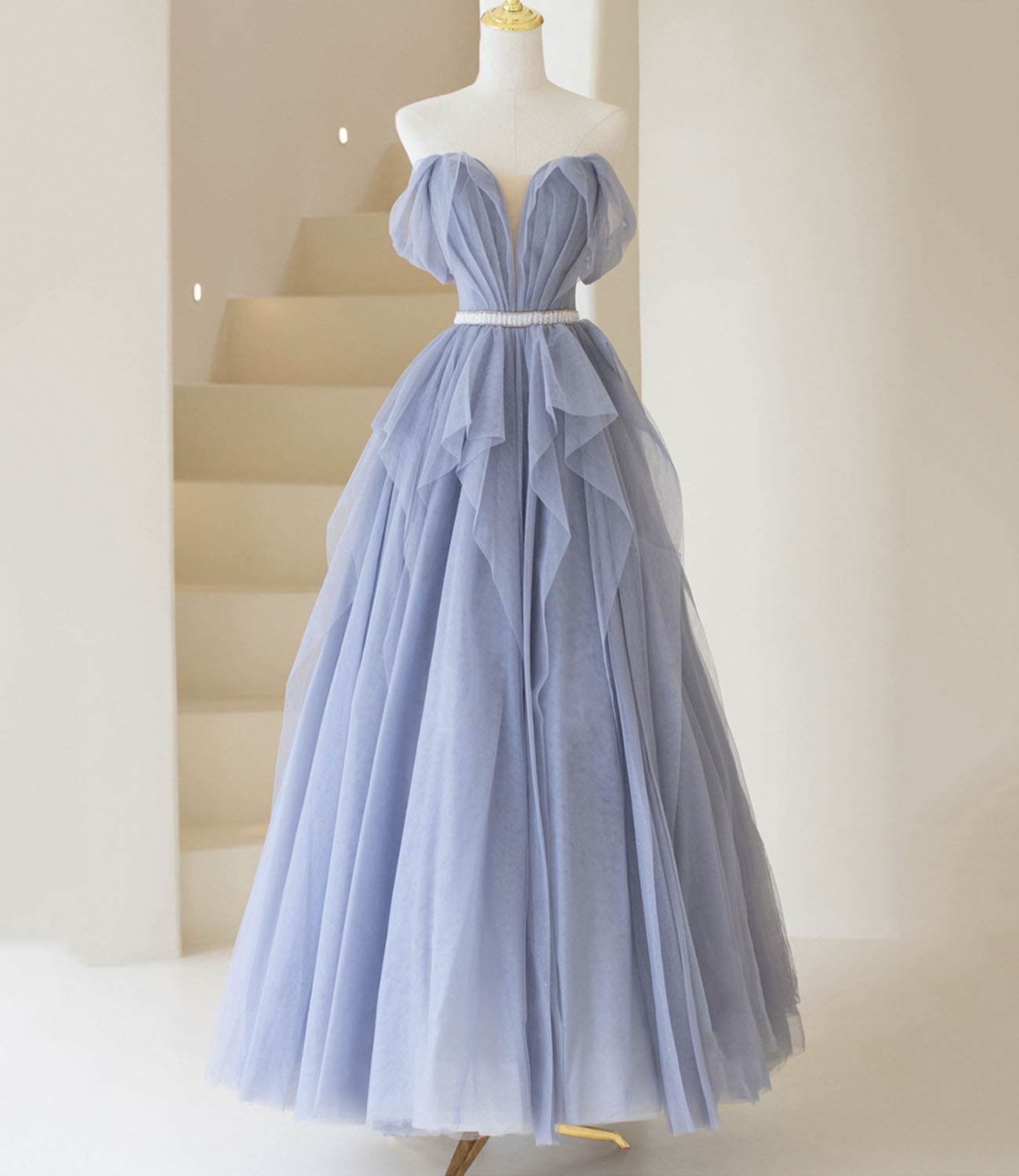 Blue tulle long prom dress blue evening dress