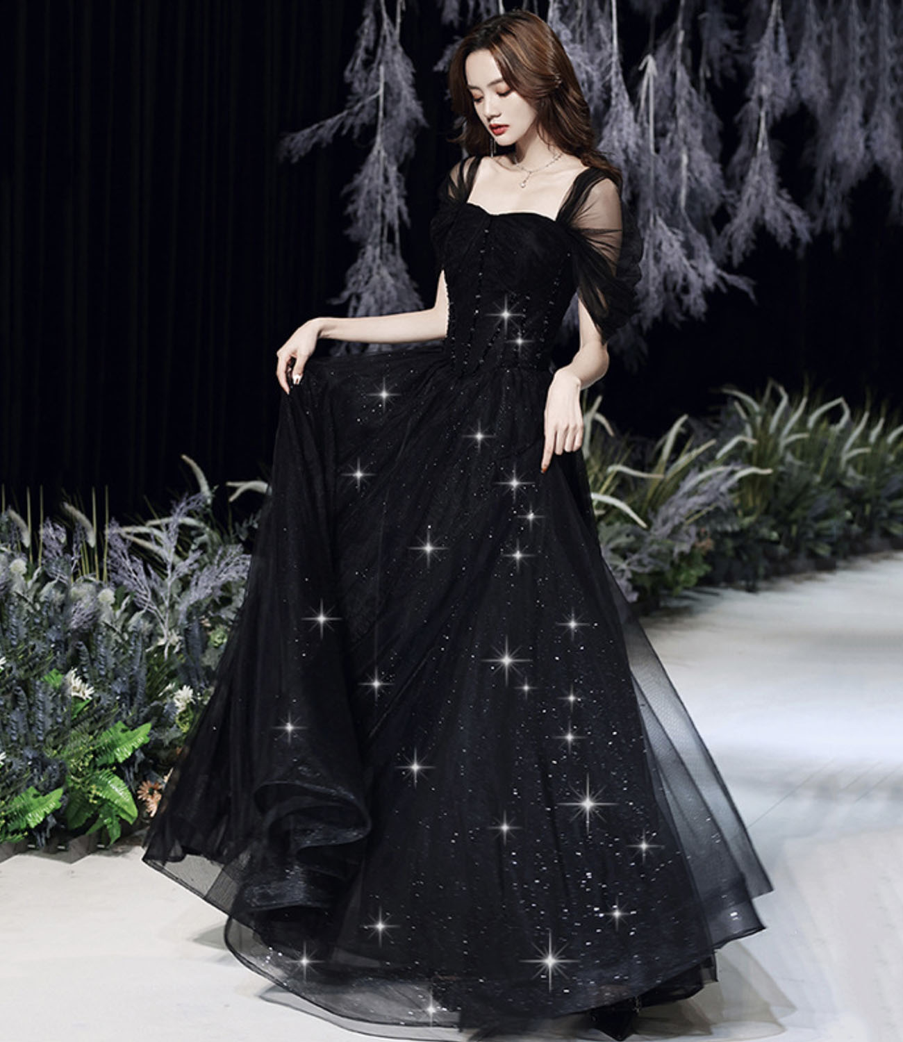 Black tulle beads long prom dress A line evening dress