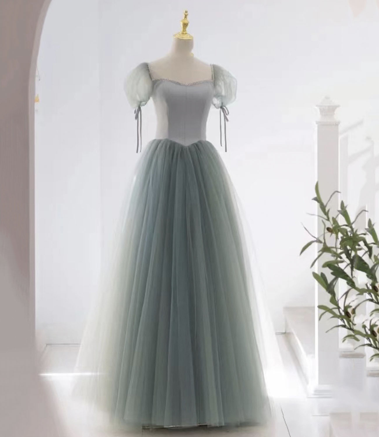 Green tulle long prom dress green evening dress