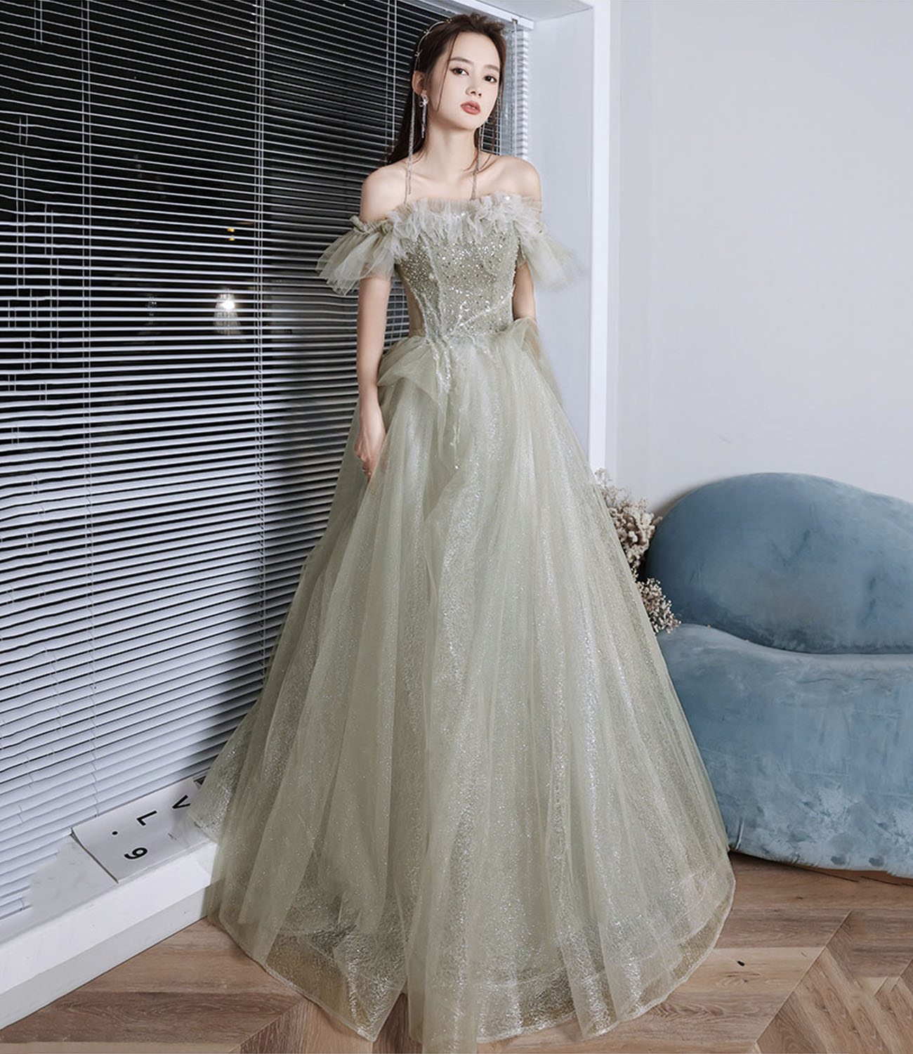 Green tulle sequins long prom dress green evening dress