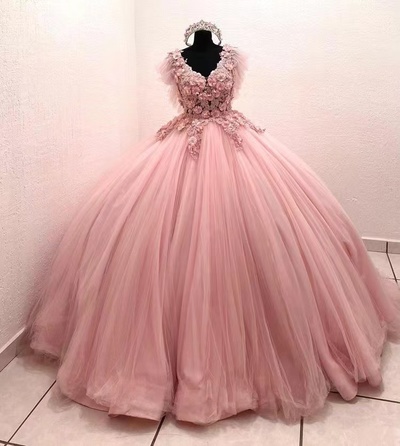 Pink V Neck Birthday Gown Pageant Dresses