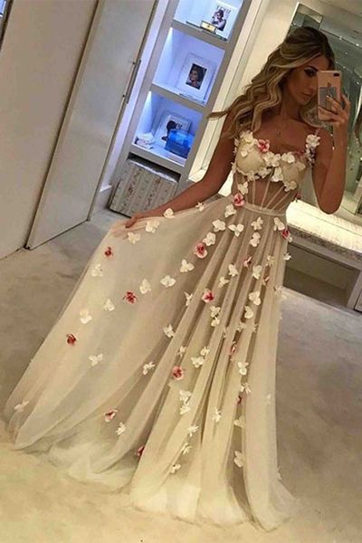 Ivory Floral A-Line Long Prom Dresses,See Through Prom Dresses,Floor Length Party Dresses,791