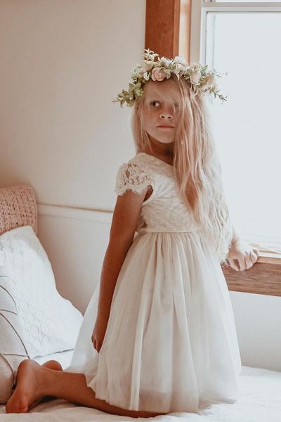 Girls Cream Flora Capped Sleeve Lace Back Flowers Girl Dress,794