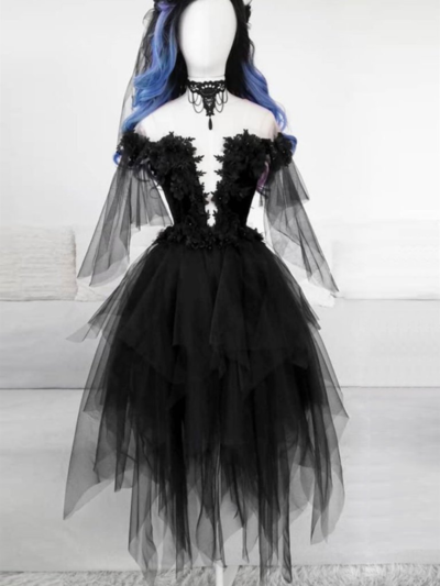 Deep V-Neck Gothic Party Dresses Lace Appliques Black Evening Gowns Ruched Tulle Prom Outfits for Women,798