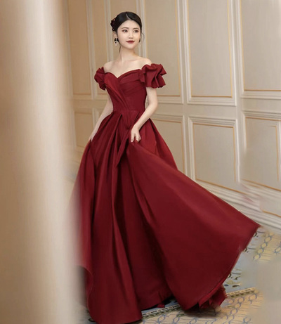 Burgundy satin long prom dress A line evening dress,800