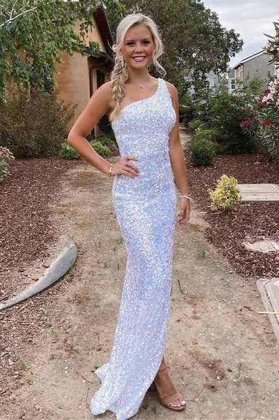 Mermaid One Shoulder White Sequins Long Prom Evening Dresses with Side Slit,1337