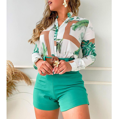 Casual printed long sleeve shorts two-piece set - Thumbnail 1