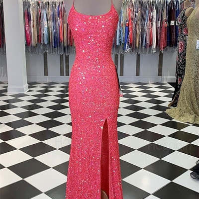 Charming mermaid scoop neck coral sequins long prom dresses evening party dresses - Thumbnail 1