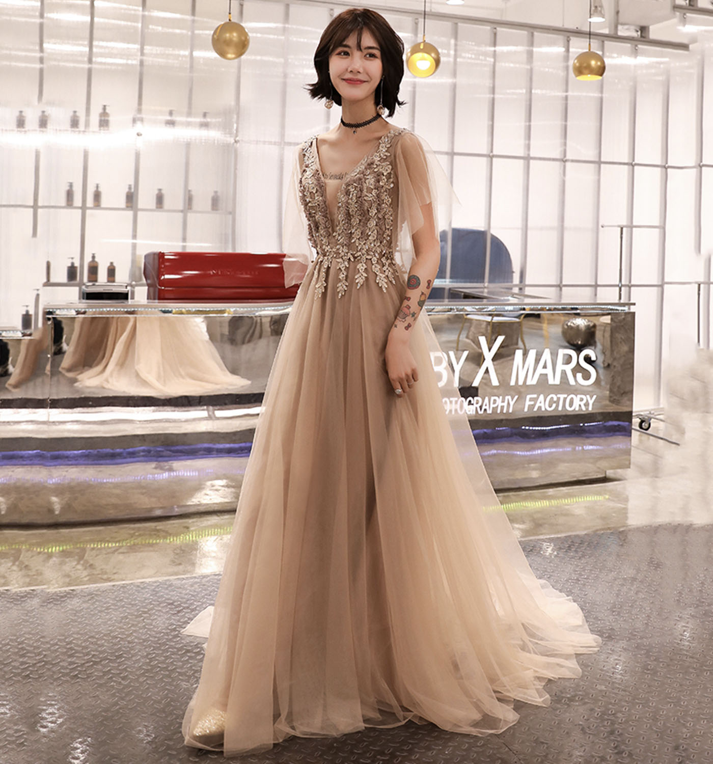 Cute tulle lace long prom dress A line evening dress