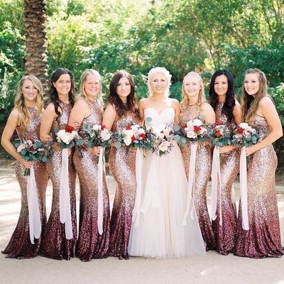 Mermaid Halter Neck Rose Gold Sequin Long Bridesmaid Dresses,1342