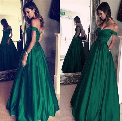 Off The Shoulder Simple Elegant Green Long Prom Dresses With Pockets,Beautiful Modest Prom Gowns,Party Dresses,1347