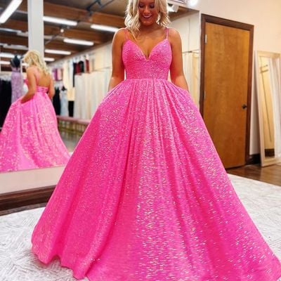 Hot pink v neck sequins long prom dresses - Thumbnail 2