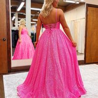 Hot Pink V Neck Sequins Long Prom Dresses - Thumbnail 1