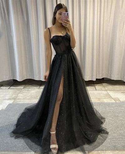 Simple black tulle long prom dress evening dress