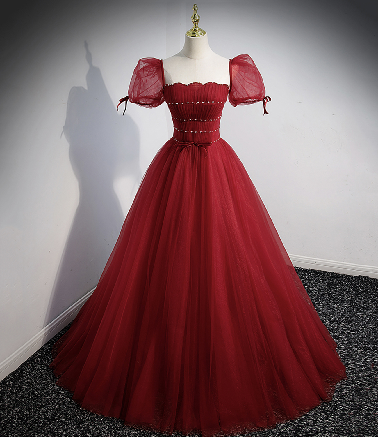 Red tulle beads long prom dress A line evening dress