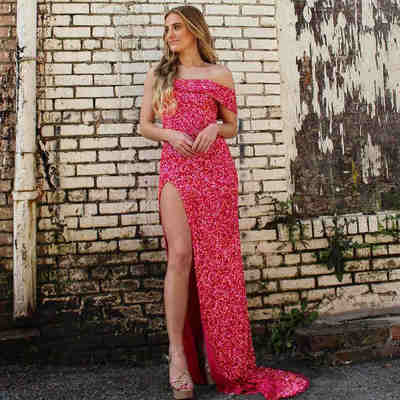 Unique Mermaid One Shoulder Off the Shoulder Sequins Long Prom Dresses with Side Slit
