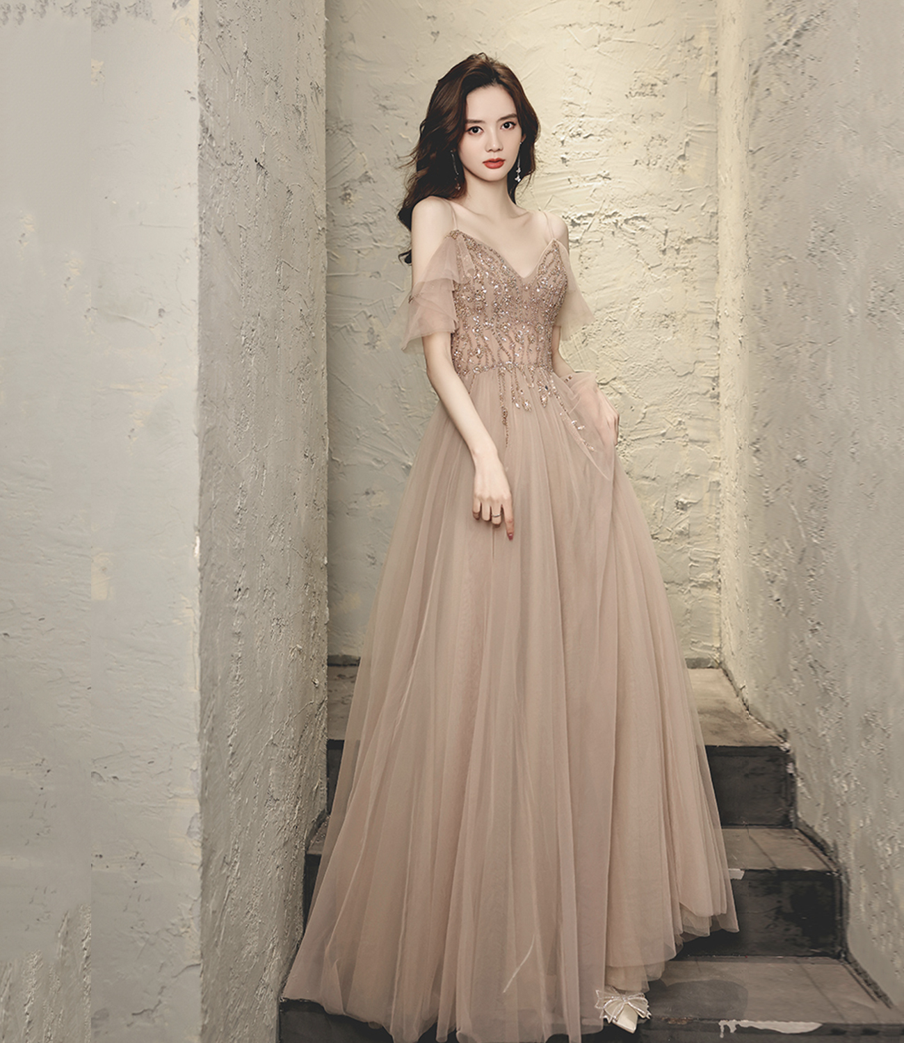 Stylish tulle beads long prom dress A line evening dress