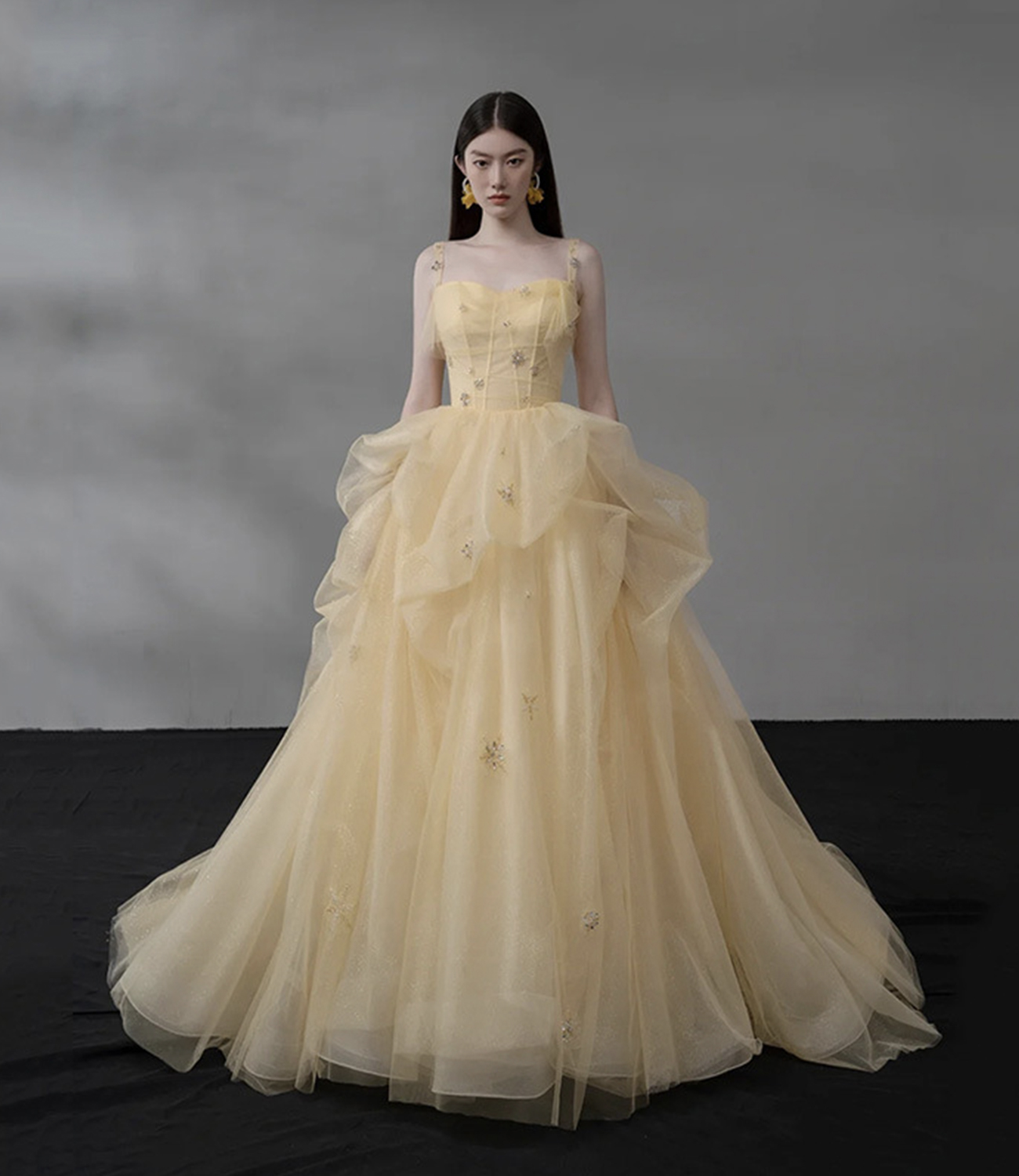 Champagne tulle beads long prom dress formal dress