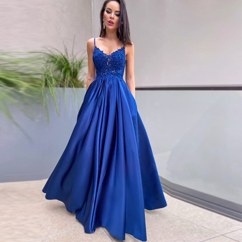 Blue satin lace long prom dress blue evening dress