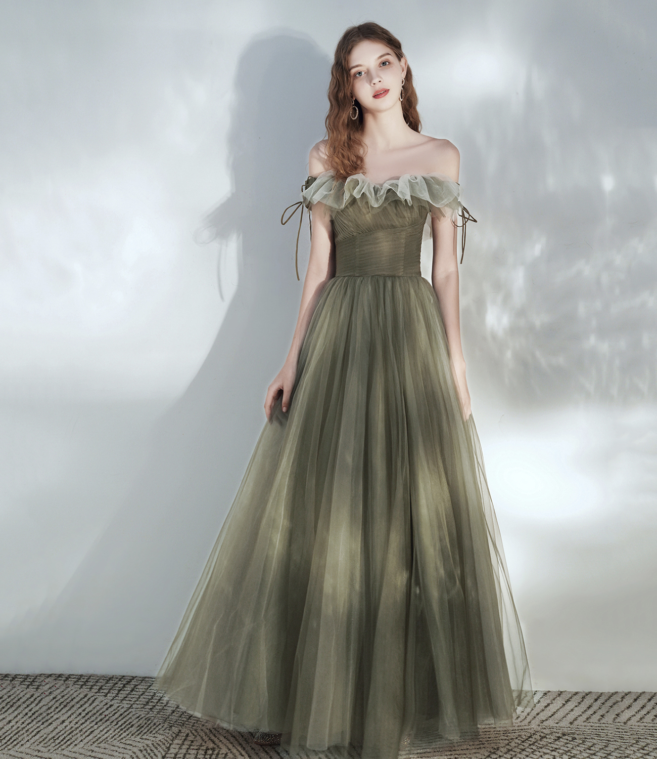 Green tulle long prom dress A line evening dress