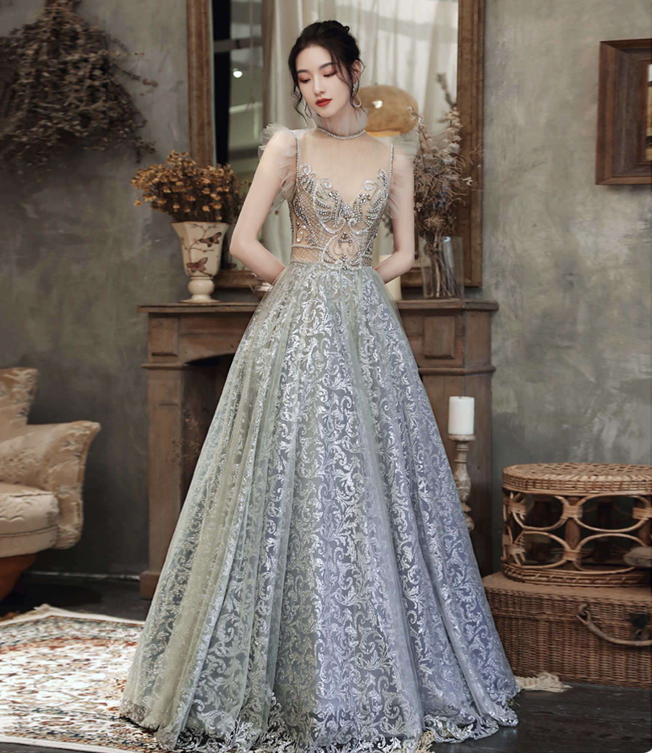 Gray tulle sequins long prom dress A line evening gown