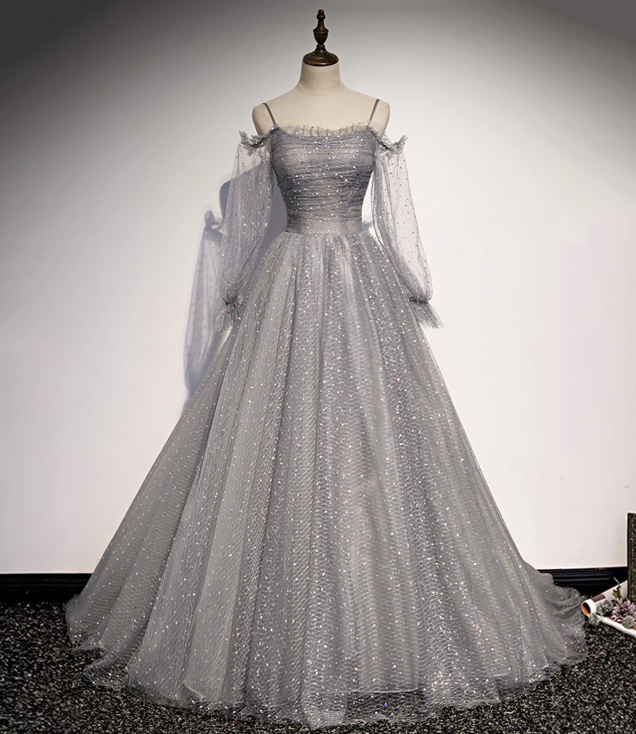 Gray tulle sequins long prom dress evening dress