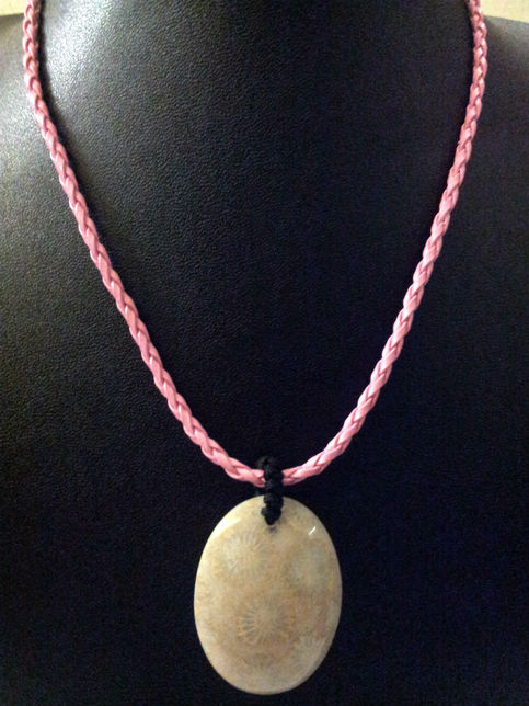 NATURAL CORAL FOSSIL GEMSTONE OVAL PENDANT with Artificial Leather 16" Necklace