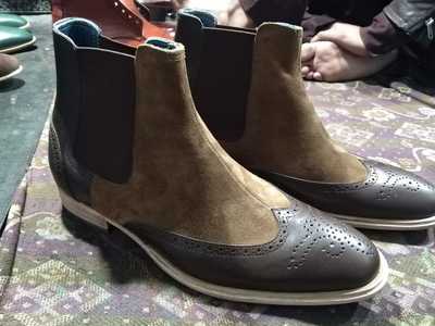 Handmade men camel brown leather suede oxfords style wingtip ankle high chelsea boot, mens chelsea boot