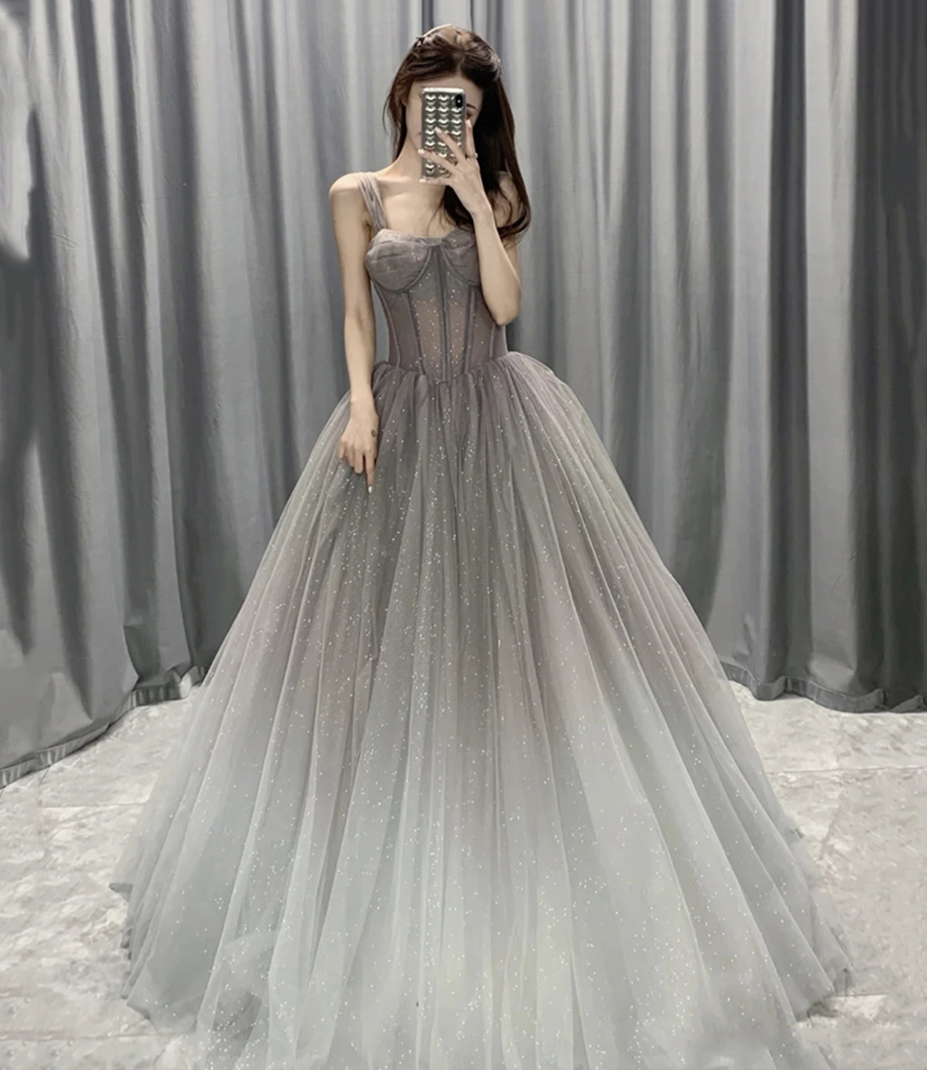 Gray tulle long ball gown dress A line evening gown