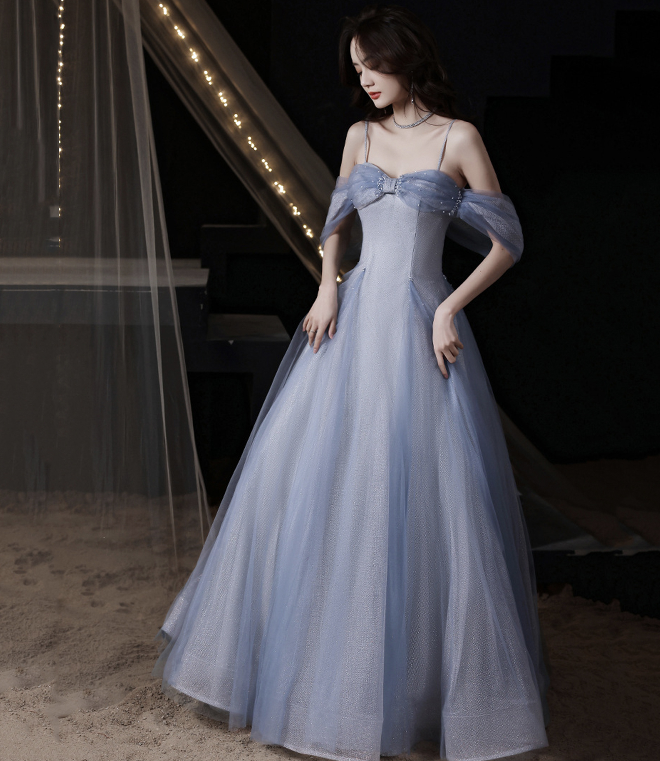 Blue tulle sequins long prom dress blue evvening dress