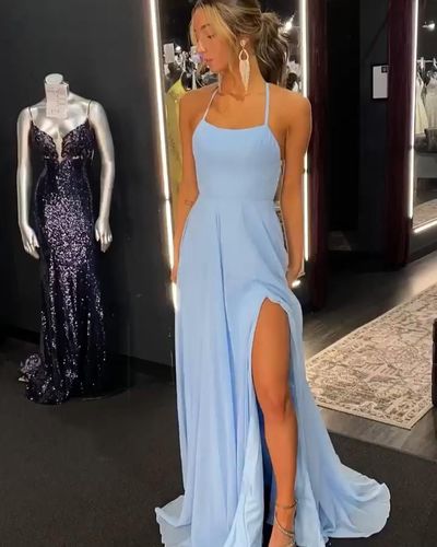 SP2064,Sky blue chiffon prom dresses halter sheath long evening party dress