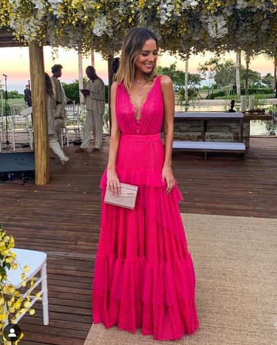 SP2068,Hot pink lace v-neck sleeveless prom dresses 2022 evening dress