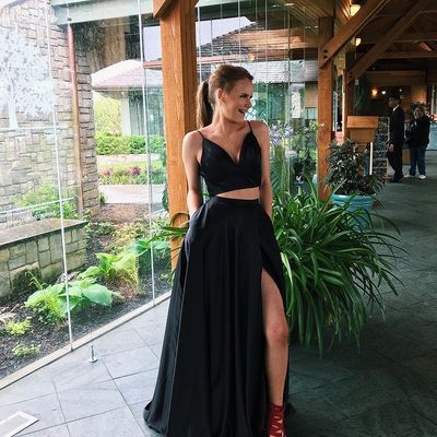 Marvelous two piece black satin long prom evening dresses with pockets - Thumbnail 2