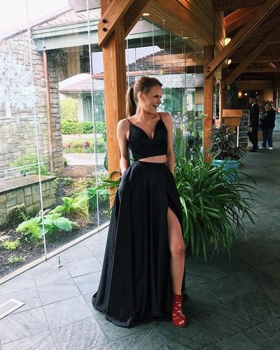 Marvelous Two Piece Black Satin Long Prom Evening Dresses with Pockets