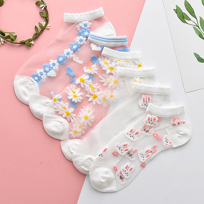 6 Pairs Set Cute Student Girl Rabbit Flower Transparent See Through Socks