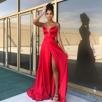 Beautiful a-line sweetheart red satin long prom dresses with slit - Thumbnail 4