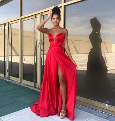Beautiful A-Line Sweetheart Red Satin Long Prom Dresses with Slit