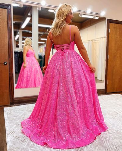 Hot Pink V Neck Sequins Long Prom Dresses,805