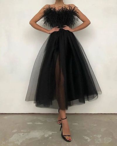 Luxury A Line Sweetheart Ostrich Feather Neck Spaghetti Straps Black Prom Dresses, Fashion Party Dresses,807