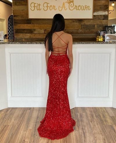 Red Sparkly Mermaid Sequins Prom Dress, Cross Back Split Prom Dresses for Senior,809