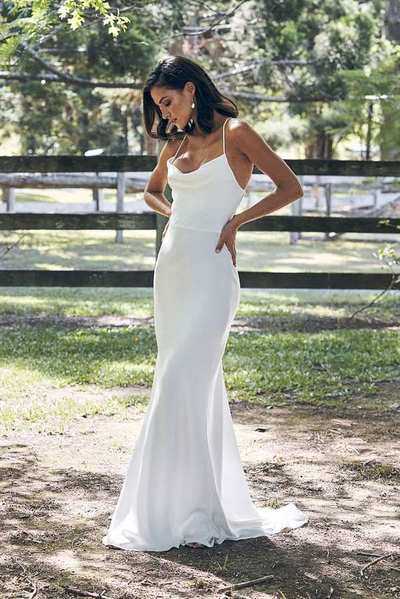 Romantic Mermaid Cowl Neck Spaghetti Straps White Soft Satin Wedding Dresses,423
