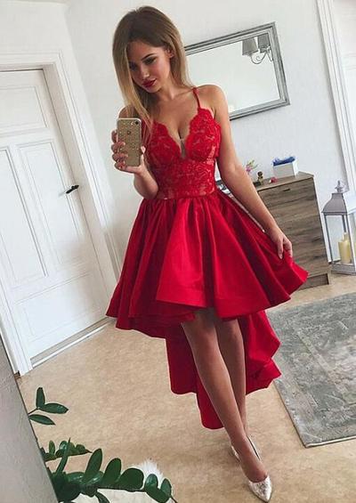 Spaghetti Straps Asymmetric Satin Red Homecoming Dress with Lace
