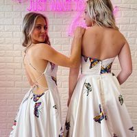 Modest A-Line Scoop Neck Butterfly Print Satin Long Prom Dresses - Thumbnail 2