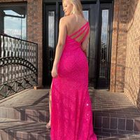 Hot pink Sequins Long porm Dresses with Side Slit One Shoulder Formal Party Dresses - Thumbnail 1